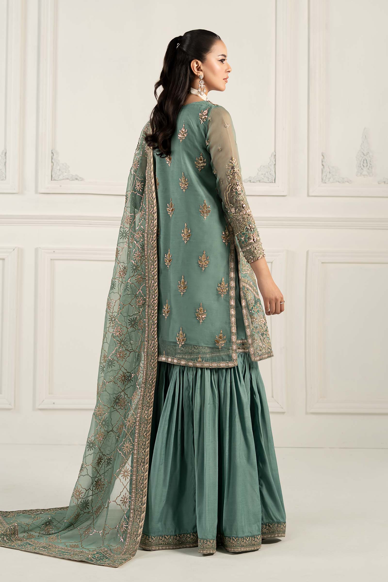 Ice Blue Embroidered Organza & Tissue Gharara (3-Piece) - Image 9