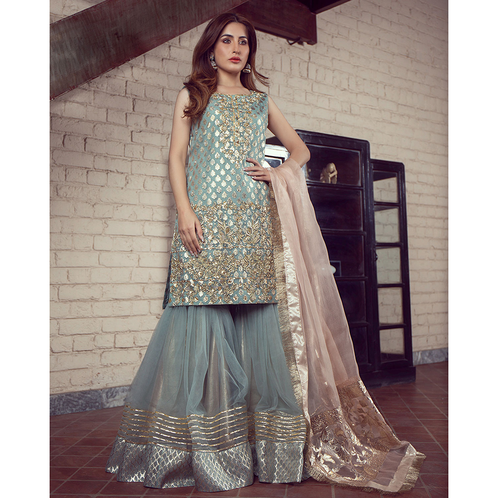 Pakistani Pastel Blue Zardozi Organza Zari Gharara (3-Piece) - Image 1