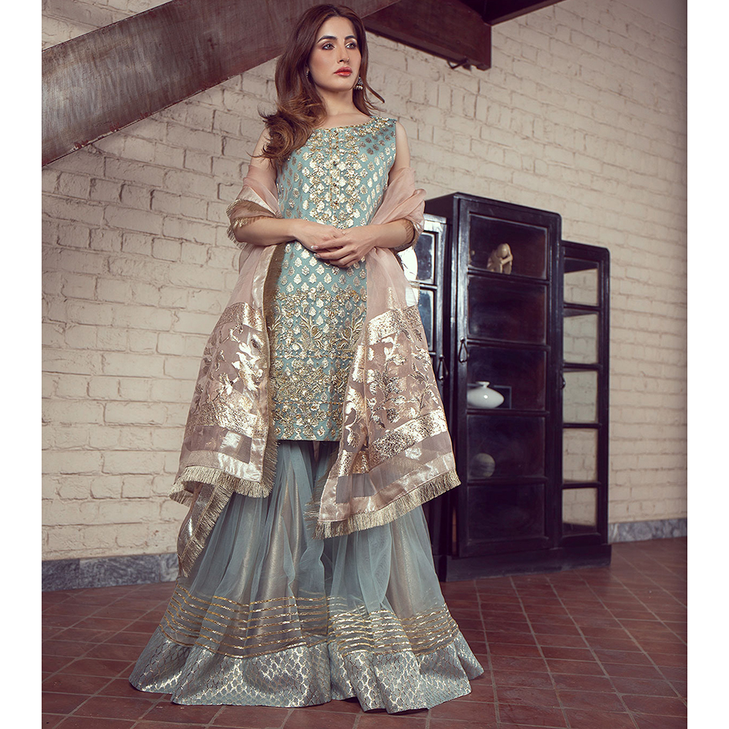 Pakistani Pastel Blue Zardozi Organza Zari Gharara (3-Piece) - Image 2