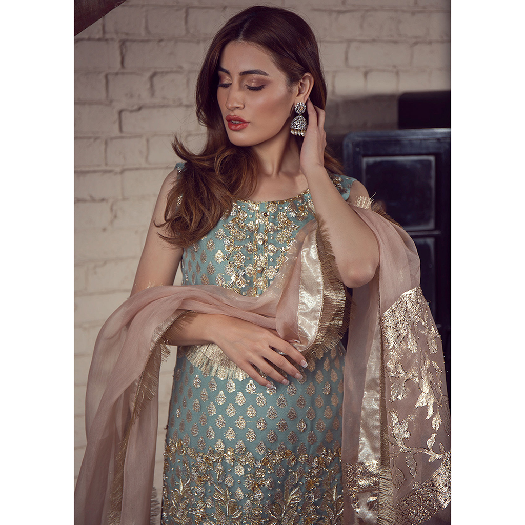 Pakistani Pastel Blue Zardozi Organza Zari Gharara (3-Piece) - Image 4