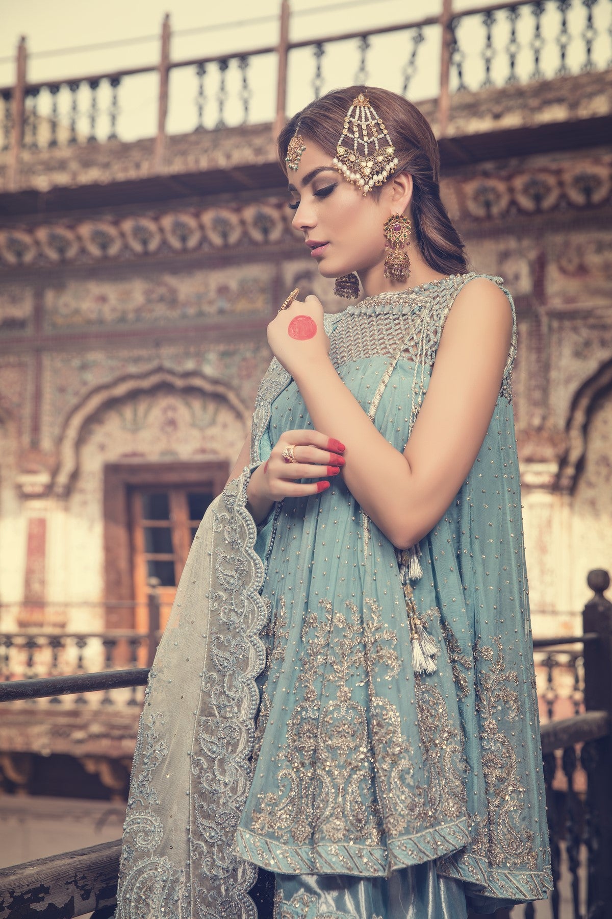 Pakistani Ice Blue Hand-Embellished Chiffon Peplum Gharara (3-Piece) - Image 2