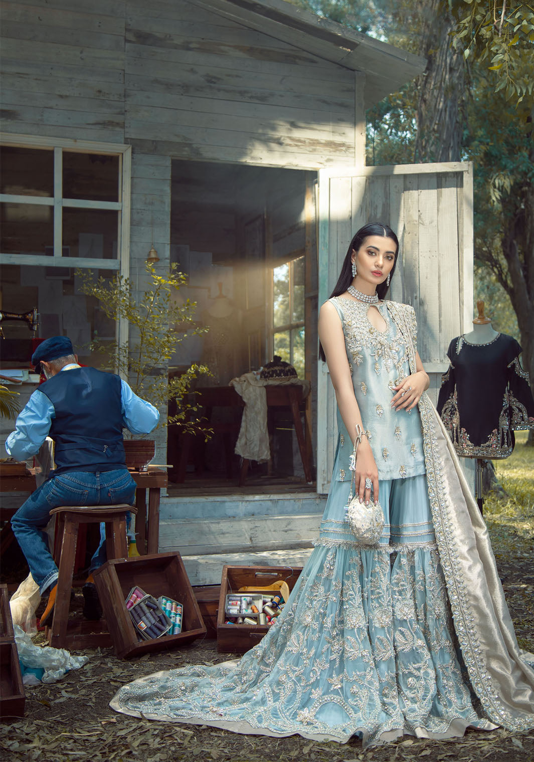 Powder Blue Embellished Pure Tissue Gharara (3-Piece) - Image 2