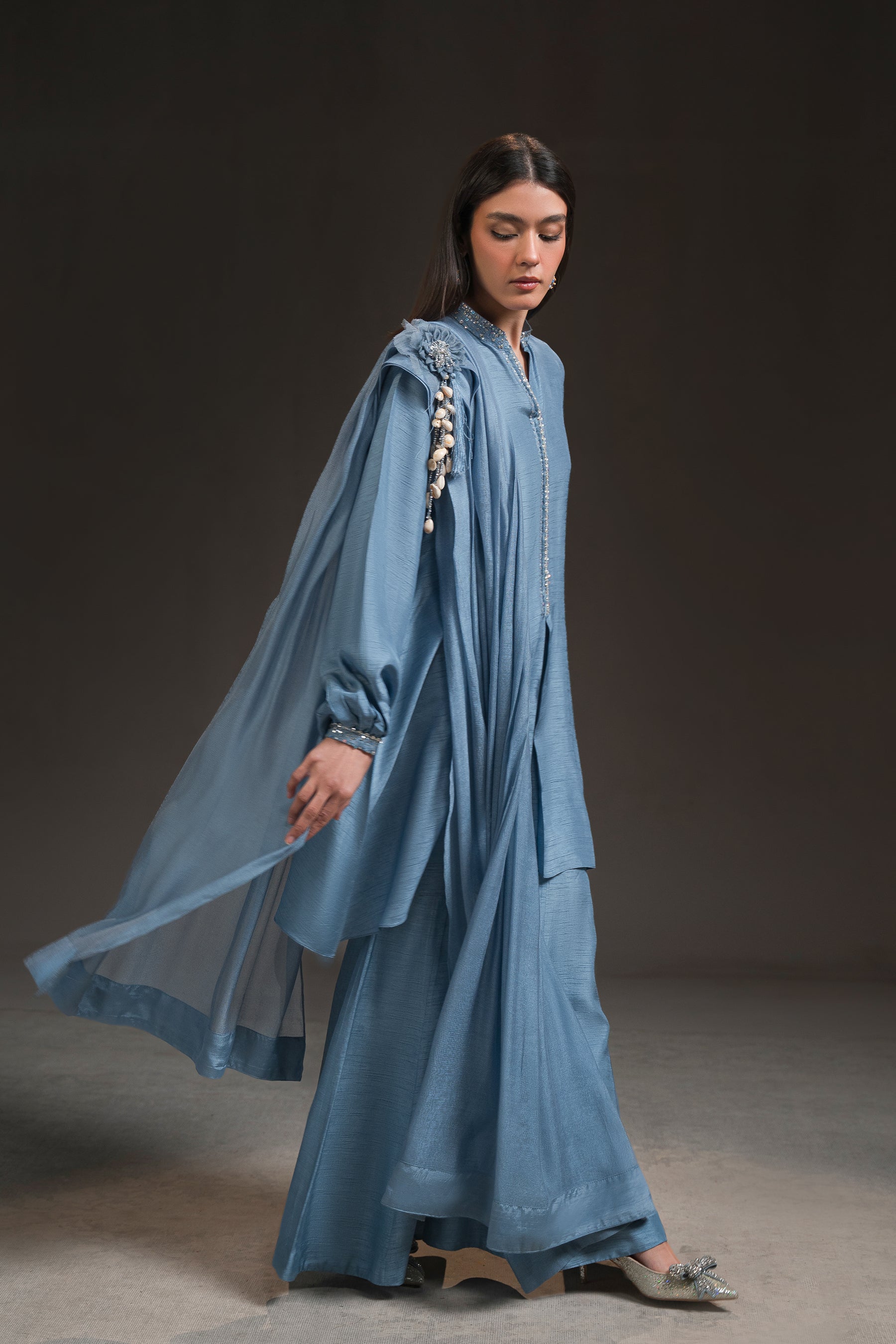 Cloudy Sky Blue Embellished Silk Gharara Set (3-Piece) - Image 1