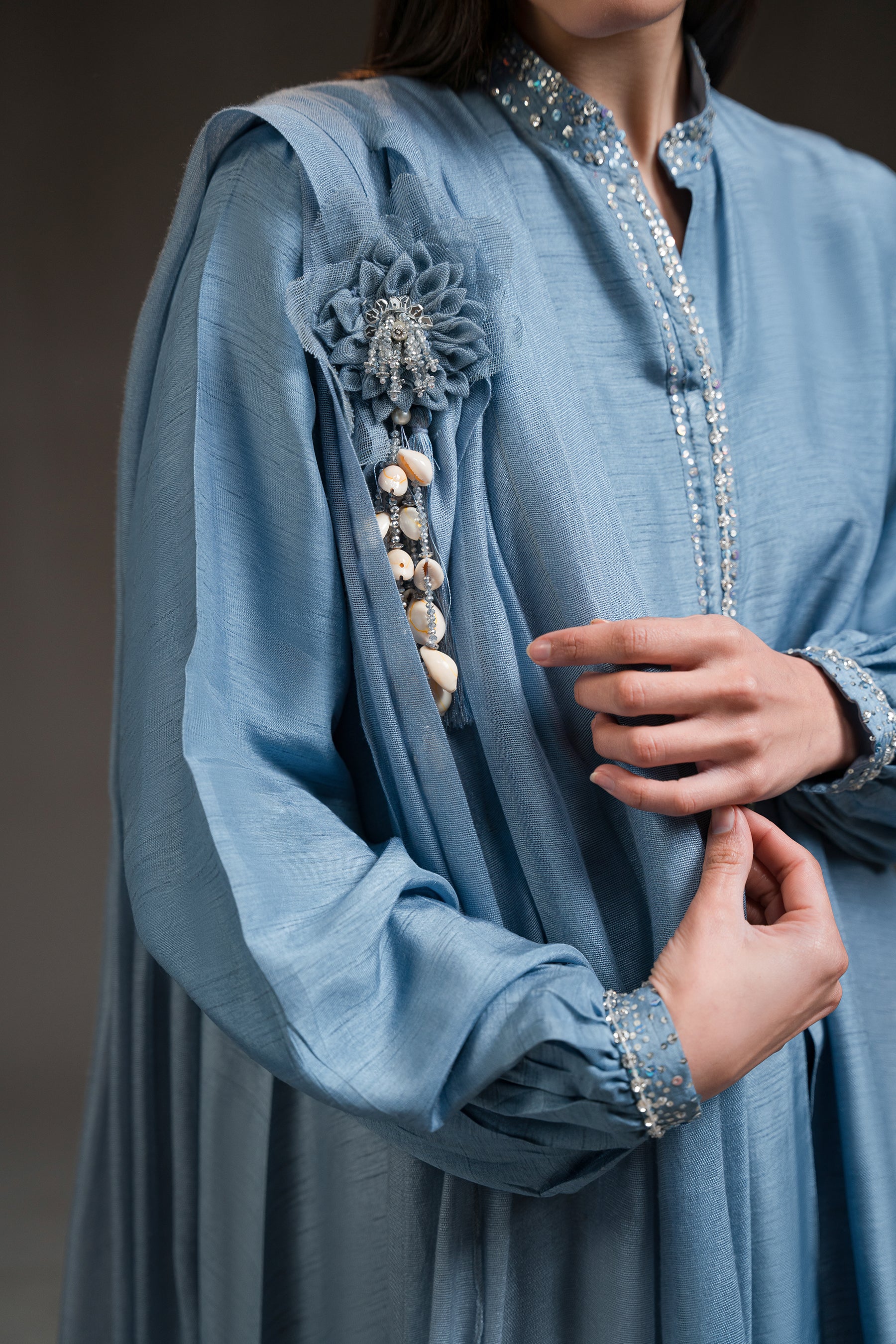 Cloudy Sky Blue Embellished Silk Gharara Set (3-Piece) - Image 3