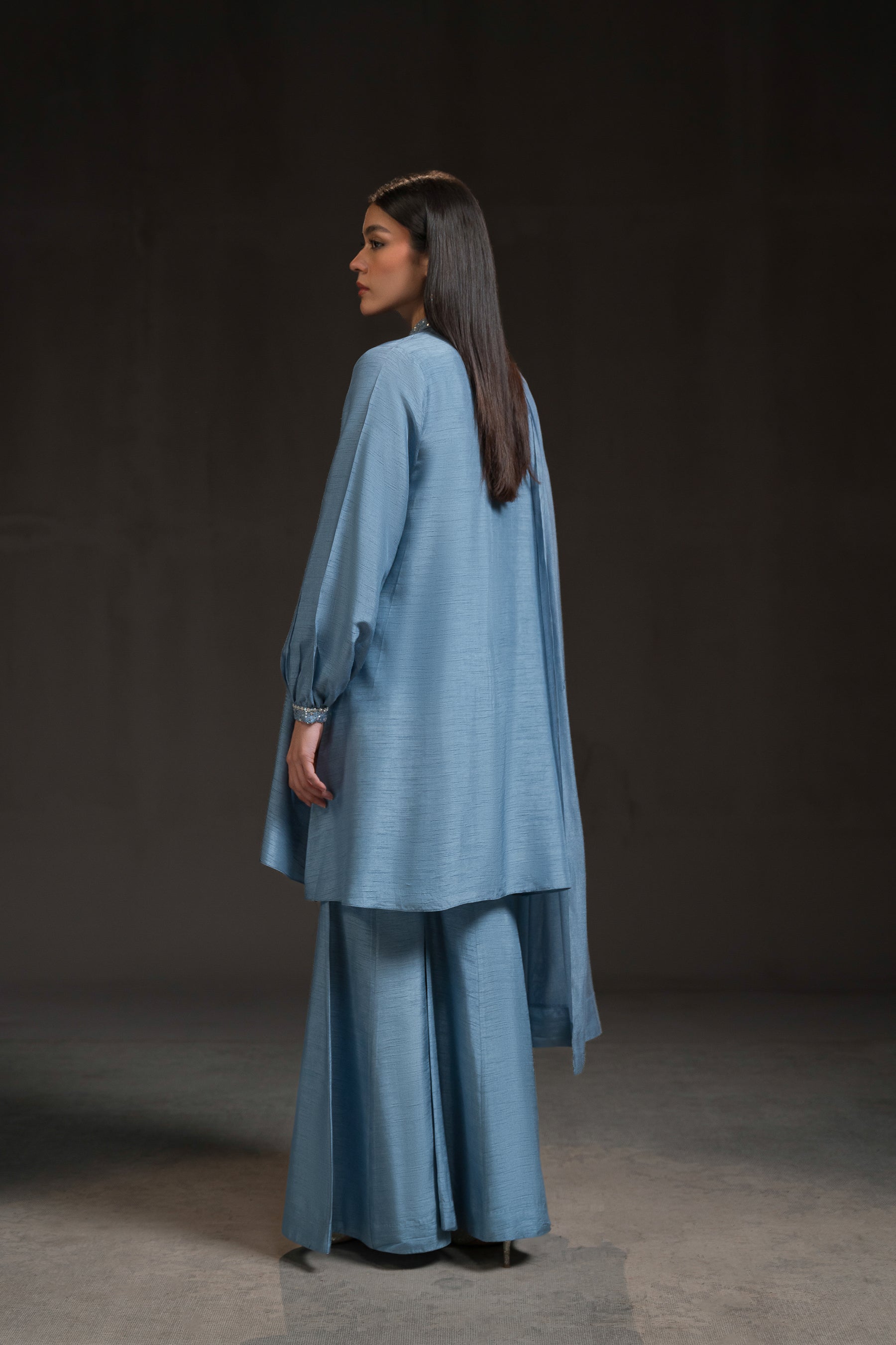 Cloudy Sky Blue Embellished Silk Gharara Set (3-Piece) - Image 4