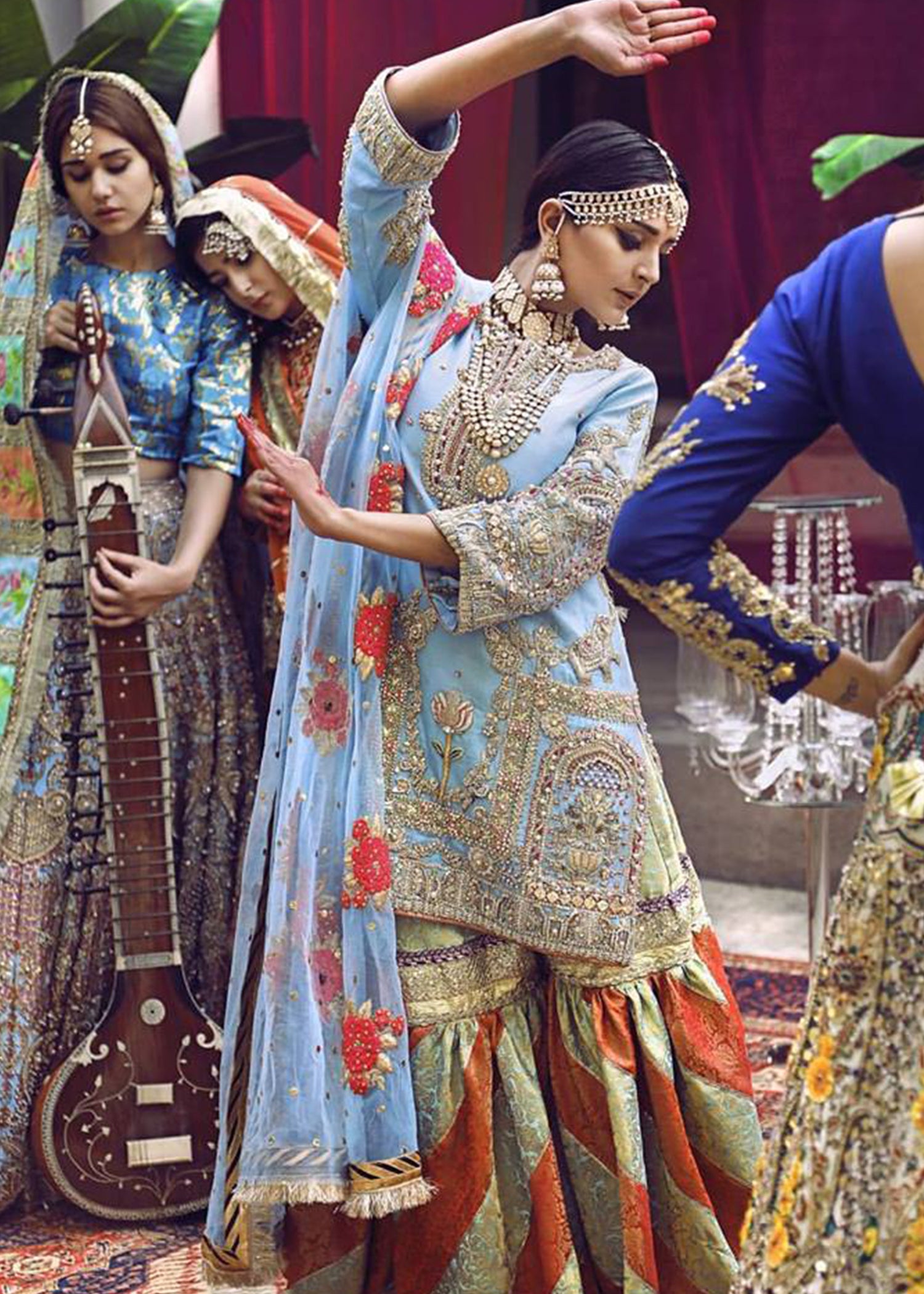 Pakistani Cerulean Kashmiri Zaari Raw Silk Jamawar Gharara (3-Piece) - Image 1