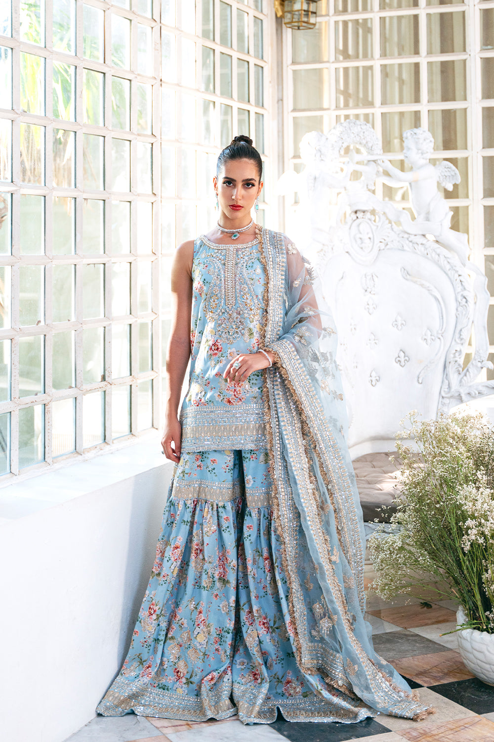 Pakistani Ice Blue Embellished Raw Silk Gharara Set (3-Piece) - Image 1