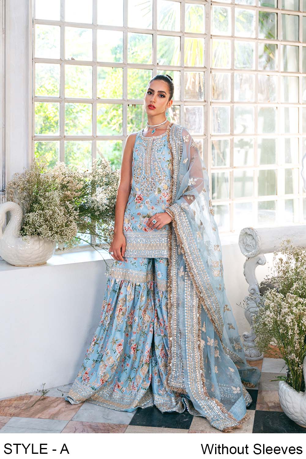 Pakistani Ice Blue Embellished Raw Silk Gharara Set (3-Piece) - Image 10