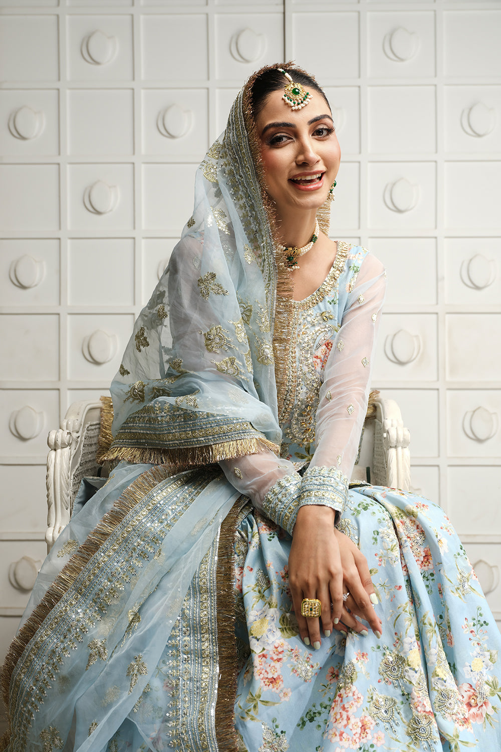 Pakistani Ice Blue Embellished Raw Silk Gharara Set (3-Piece) - Image 11