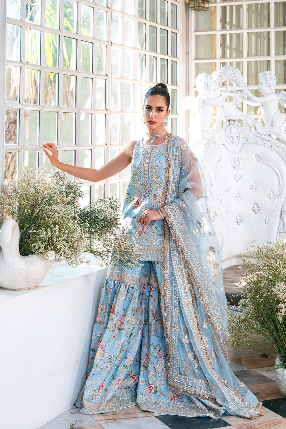 Pakistani Ice Blue Embellished Raw Silk Gharara Set (3-Piece) - Image 3