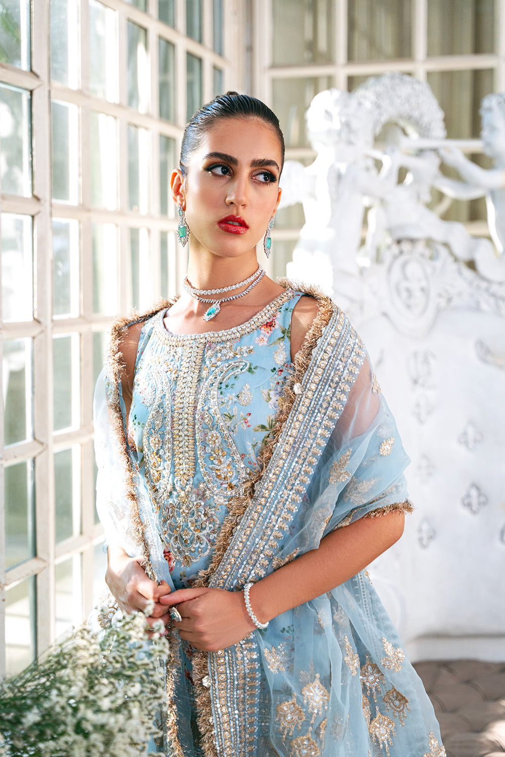 Pakistani Ice Blue Embellished Raw Silk Gharara Set (3-Piece) - Image 4