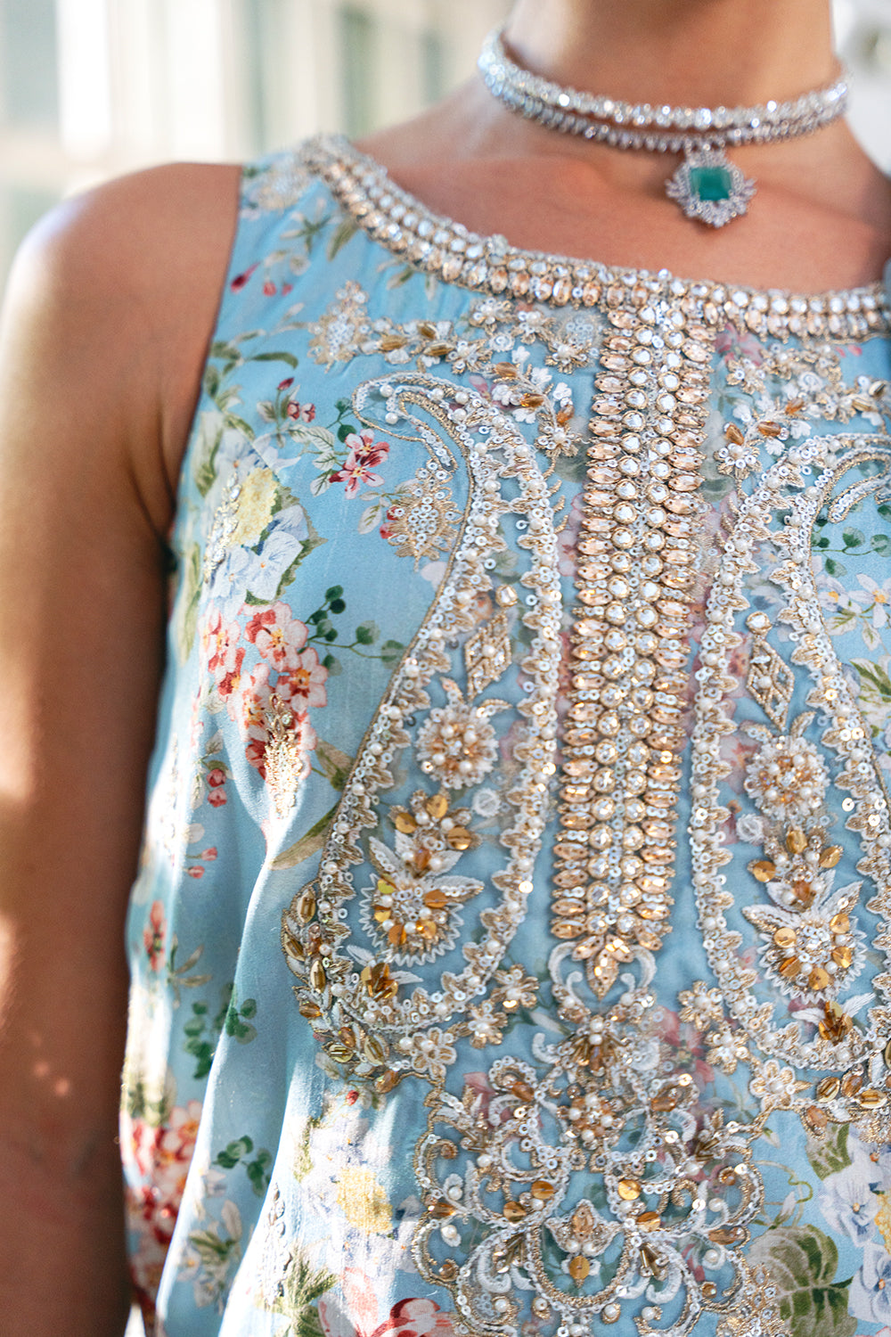 Pakistani Ice Blue Embellished Raw Silk Gharara Set (3-Piece) - Image 6