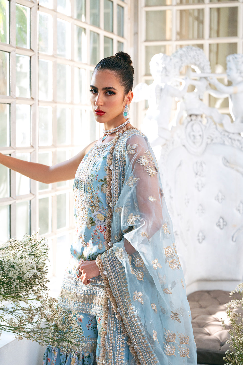 Pakistani Ice Blue Embellished Raw Silk Gharara Set (3-Piece) - Image 7