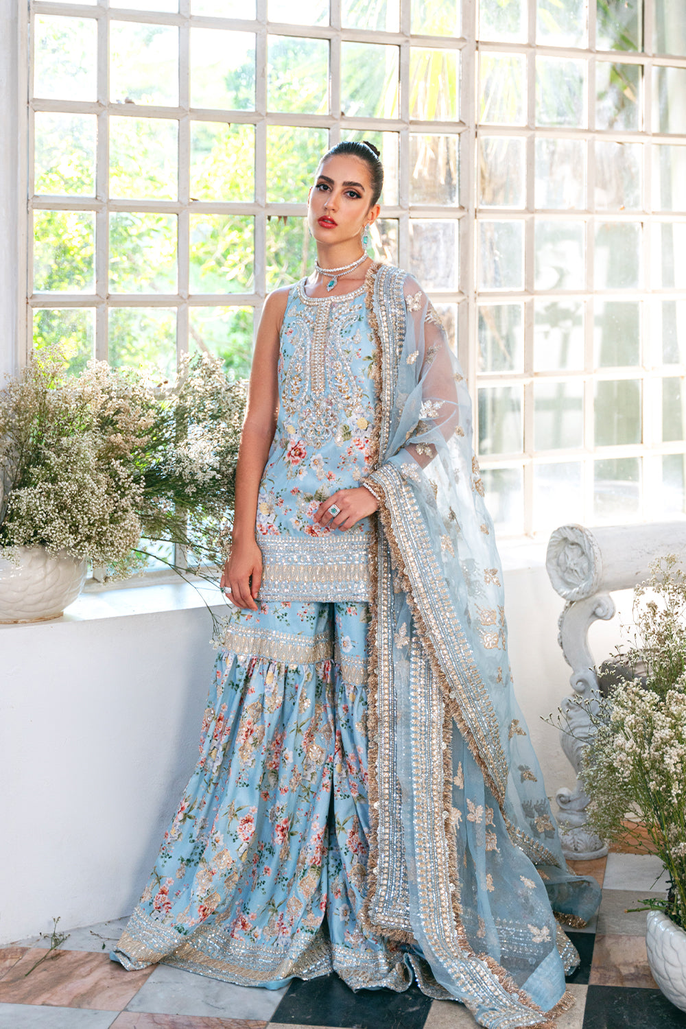 Pakistani Ice Blue Embellished Raw Silk Gharara Set (3-Piece) - Image 8