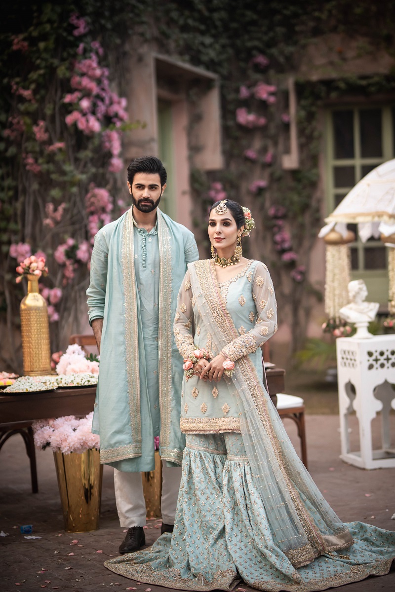 Ice Blue Embellished Net & Raw Silk Farshi Gharara (3-Piece) - Image 3