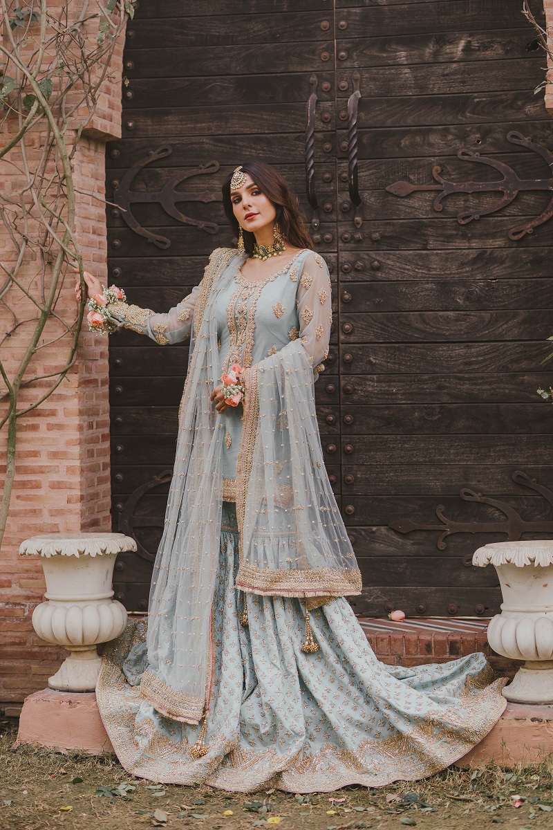 Ice Blue Hand-Embellished Net Farshi Gharara (3-Piece) - Image 1