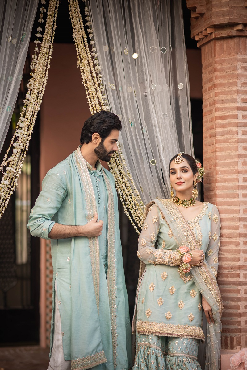 Ice Blue Hand-Embellished Net Farshi Gharara (3-Piece) - Image 4