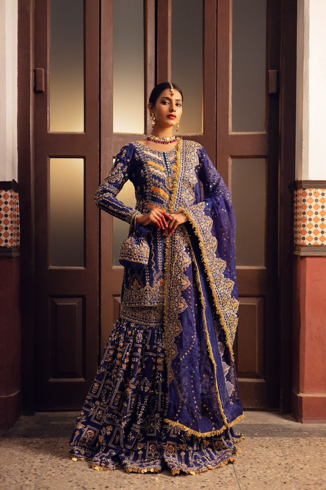 Pakistani Deep Blue Gold Embroidered Silk Gharara (3-Piece) - Image 1