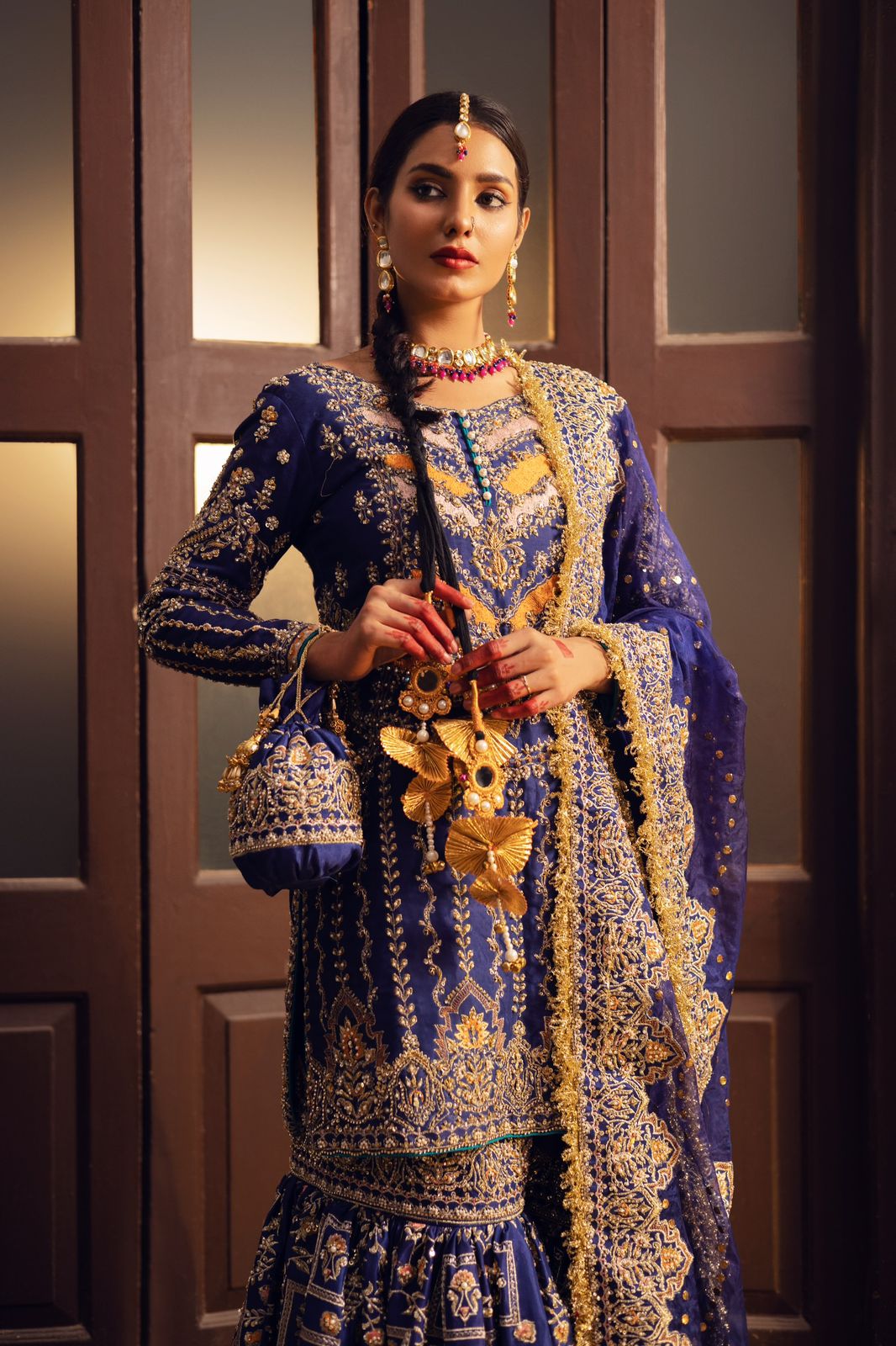 Pakistani Deep Blue Gold Embroidered Silk Gharara (3-Piece) - Image 2