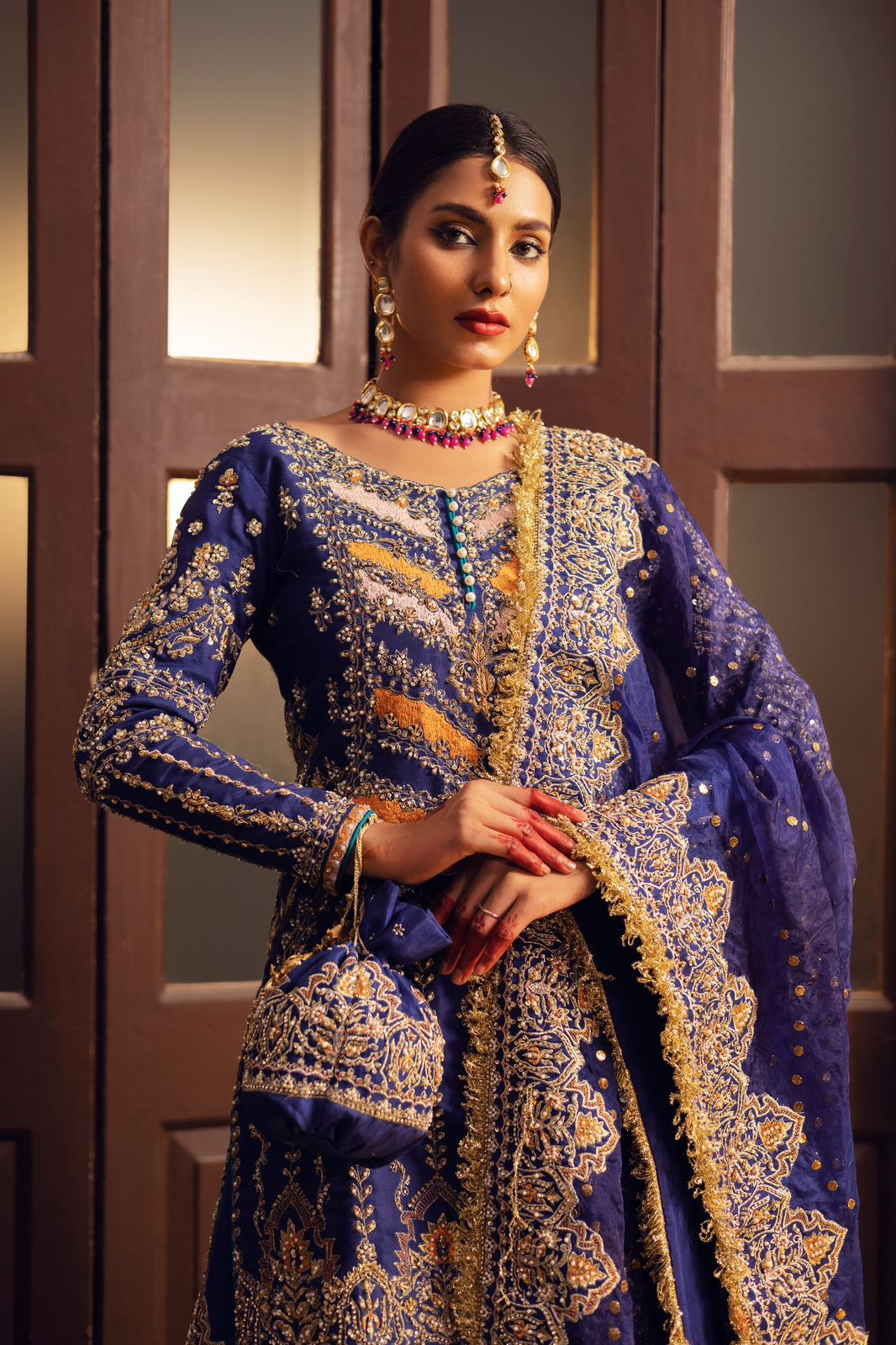 Pakistani Deep Blue Gold Embroidered Silk Gharara (3-Piece) - Image 3