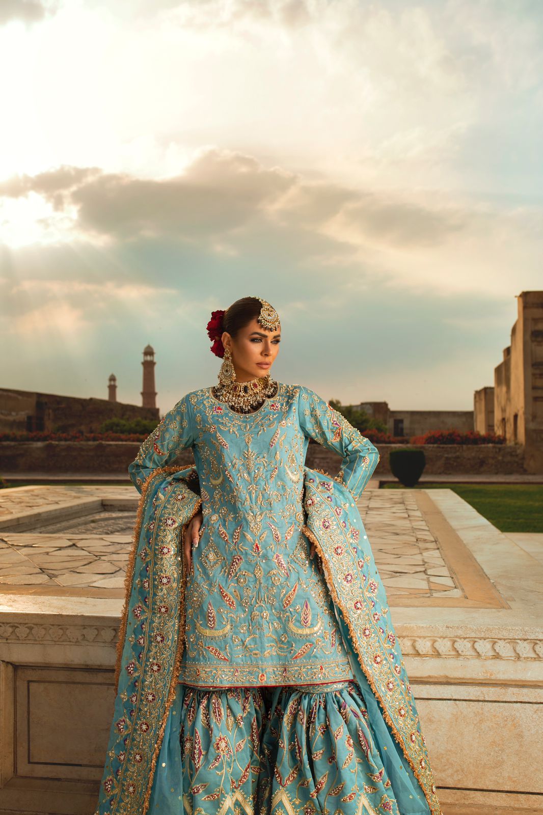 Pakistani Powder Blue Zardozi Silk Bridal Gharara (3-Piece) - Image 1