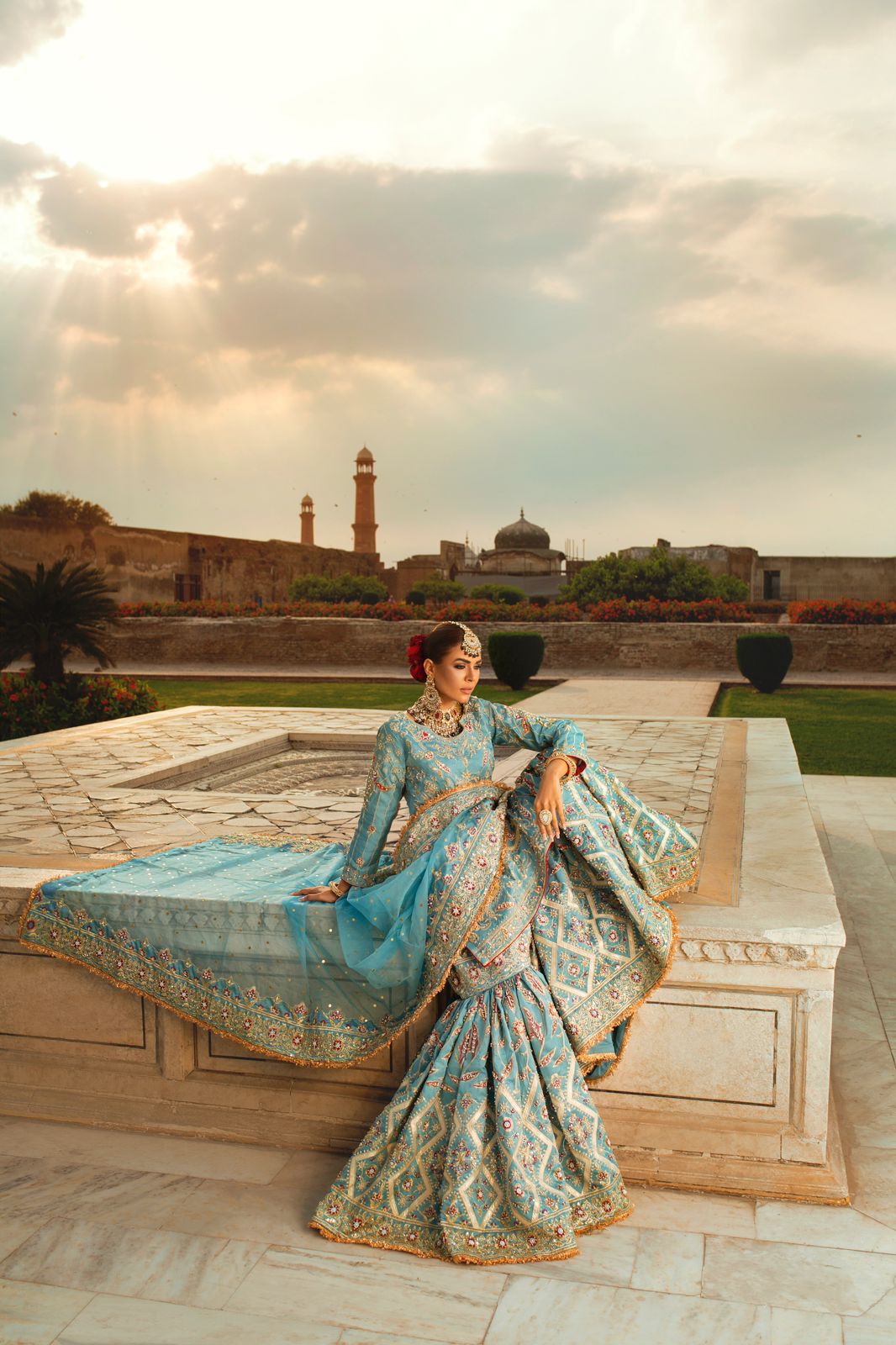 Pakistani Powder Blue Zardozi Silk Bridal Gharara (3-Piece) - Image 2