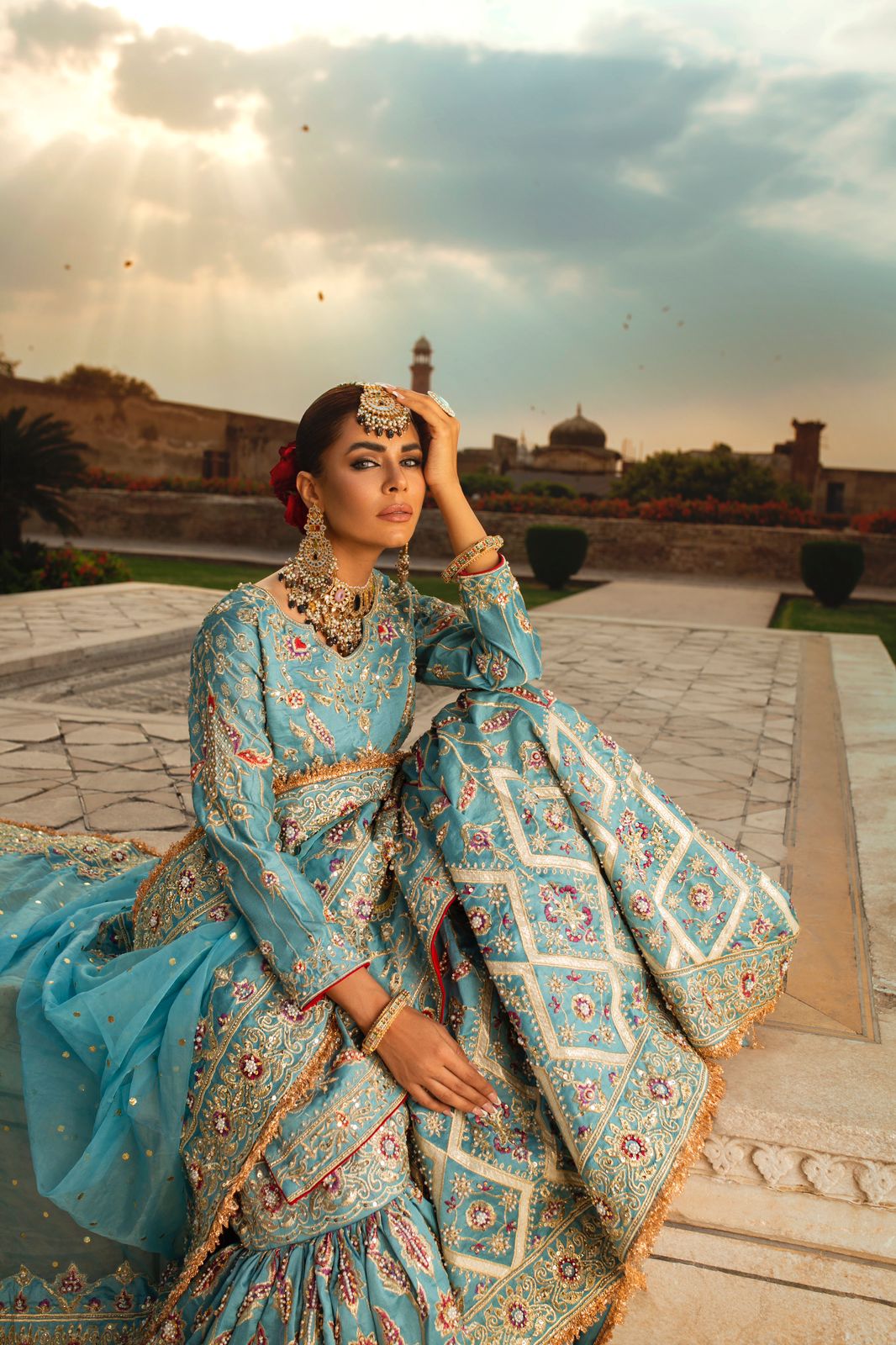 Pakistani Powder Blue Zardozi Silk Bridal Gharara (3-Piece) - Image 3