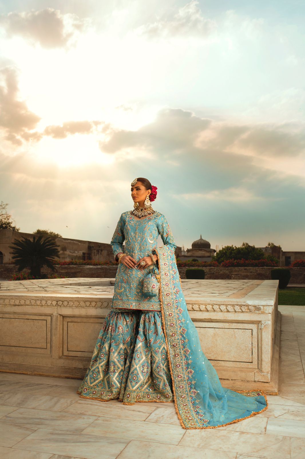 Pakistani Powder Blue Zardozi Silk Bridal Gharara (3-Piece) - Image 4
