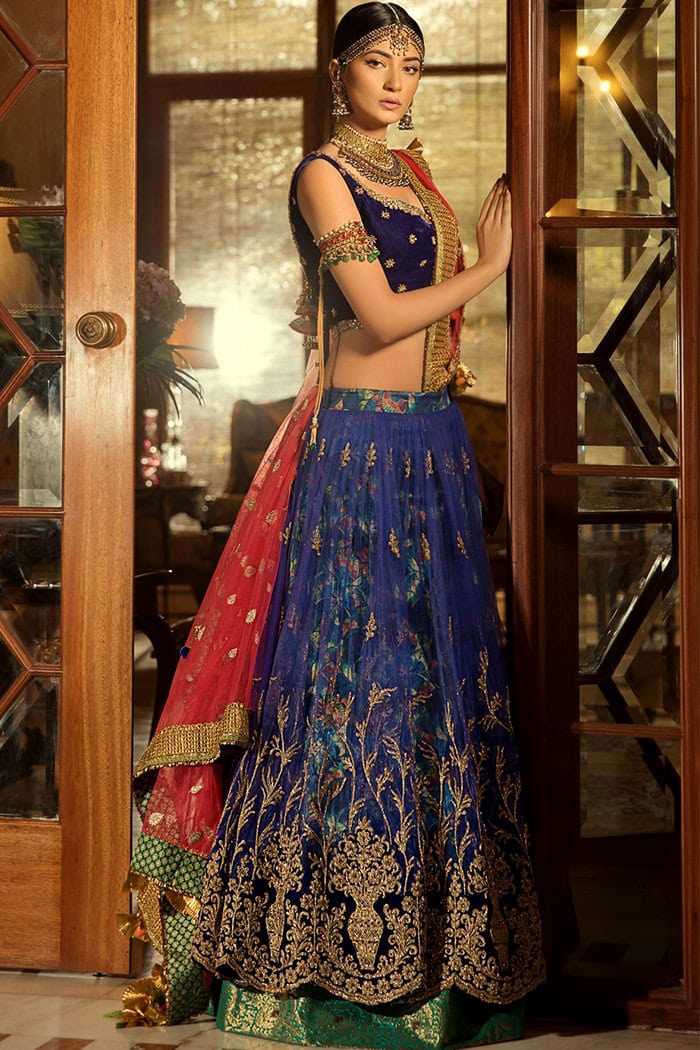 Pakistani Deep Blue Embroidered Velvet Choli & Layered Net Gharara (3-Piece) - Image 2