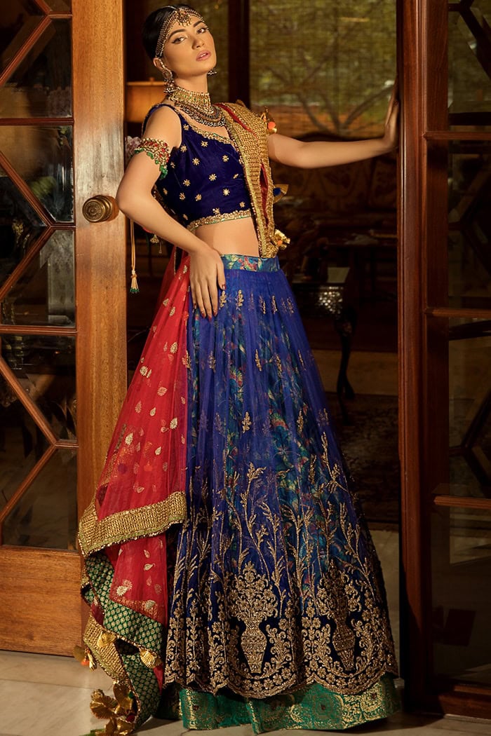 Pakistani Deep Blue Embroidered Velvet Choli & Layered Net Gharara (3-Piece) - Image 3