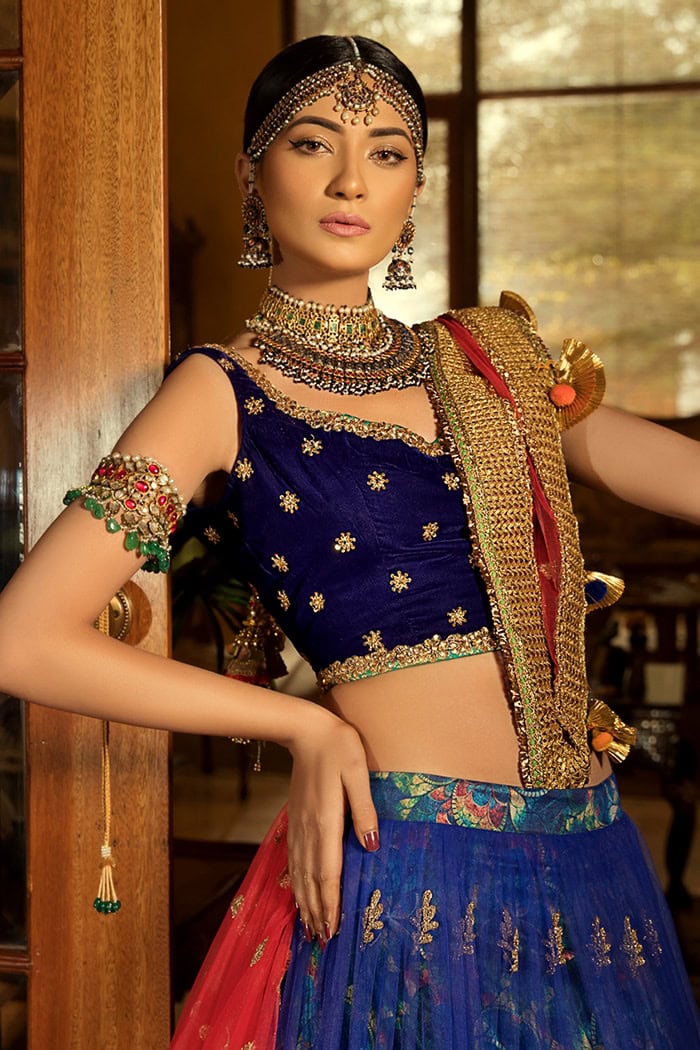 Pakistani Deep Blue Embroidered Velvet Choli & Layered Net Gharara (3-Piece) - Image 4