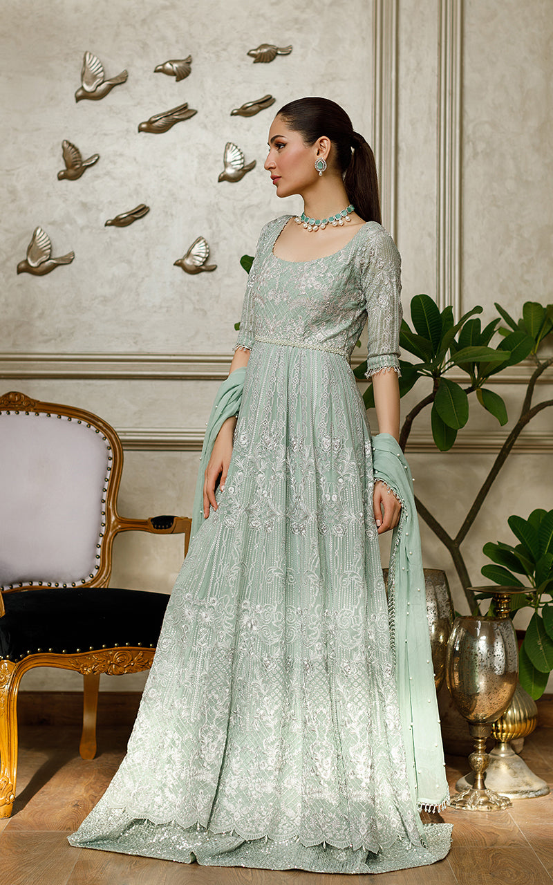 Pakistani Turquoise Embroidered Chiffon Maxi Dress (2-Piece) - Image 1