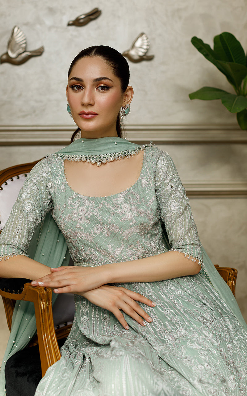 Pakistani Turquoise Embroidered Chiffon Maxi Dress (2-Piece) - Image 2