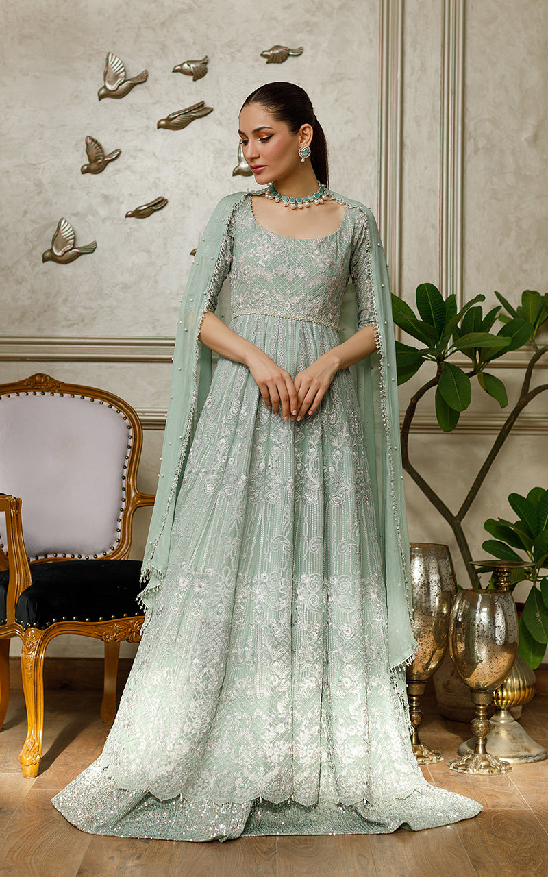 Pakistani Turquoise Embroidered Chiffon Maxi Dress (2-Piece) - Image 3