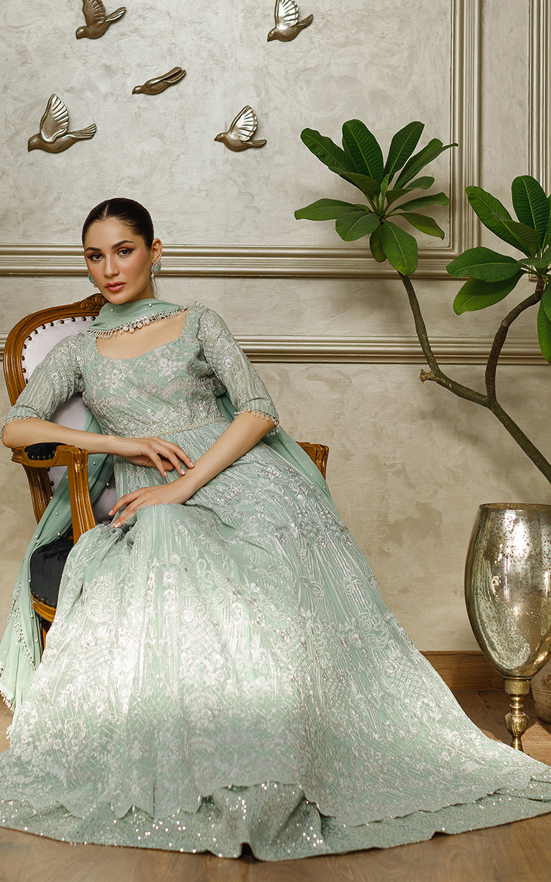 Pakistani Turquoise Embroidered Chiffon Maxi Dress (2-Piece) - Image 4