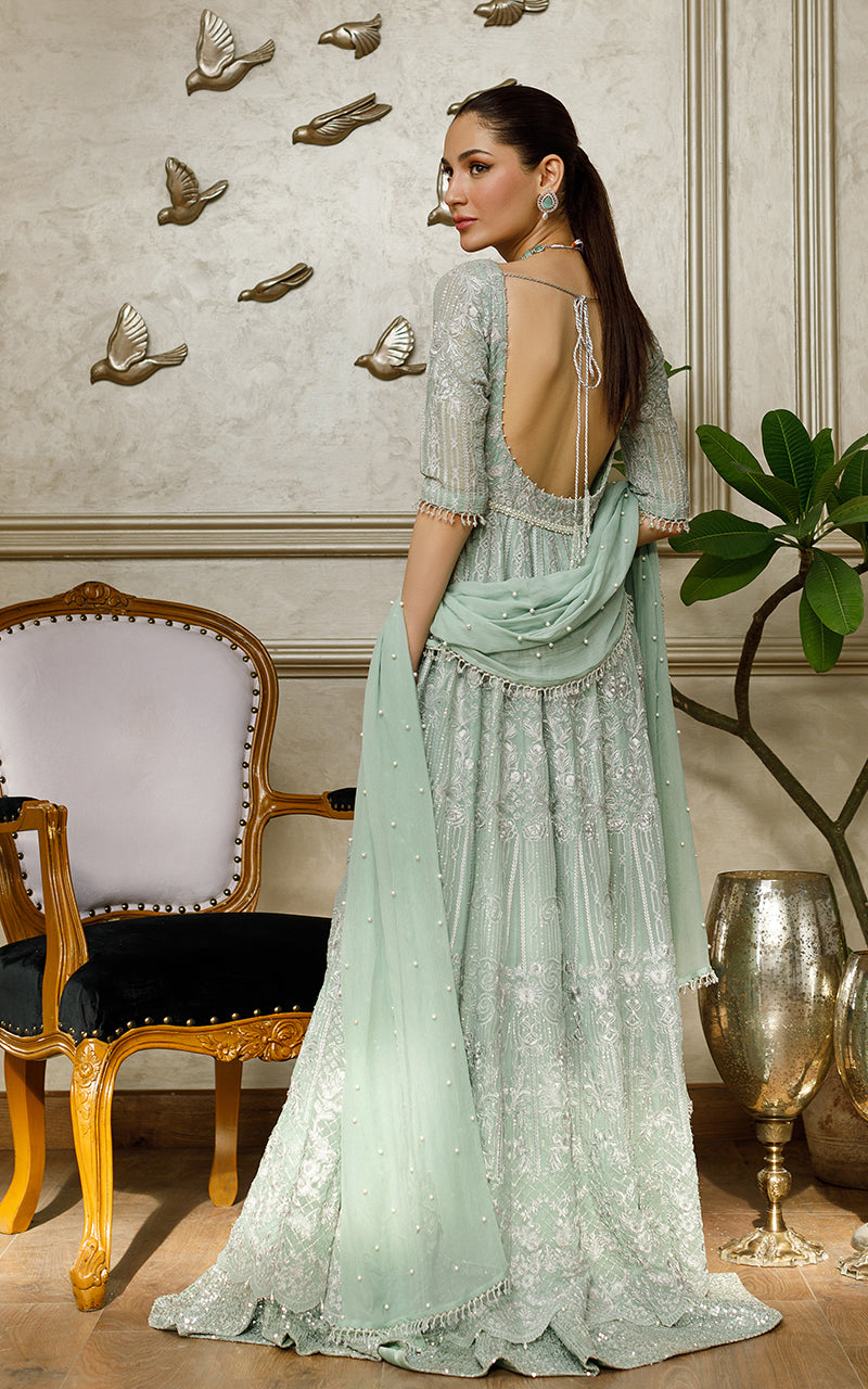 Pakistani Turquoise Embroidered Chiffon Maxi Dress (2-Piece) - Image 5