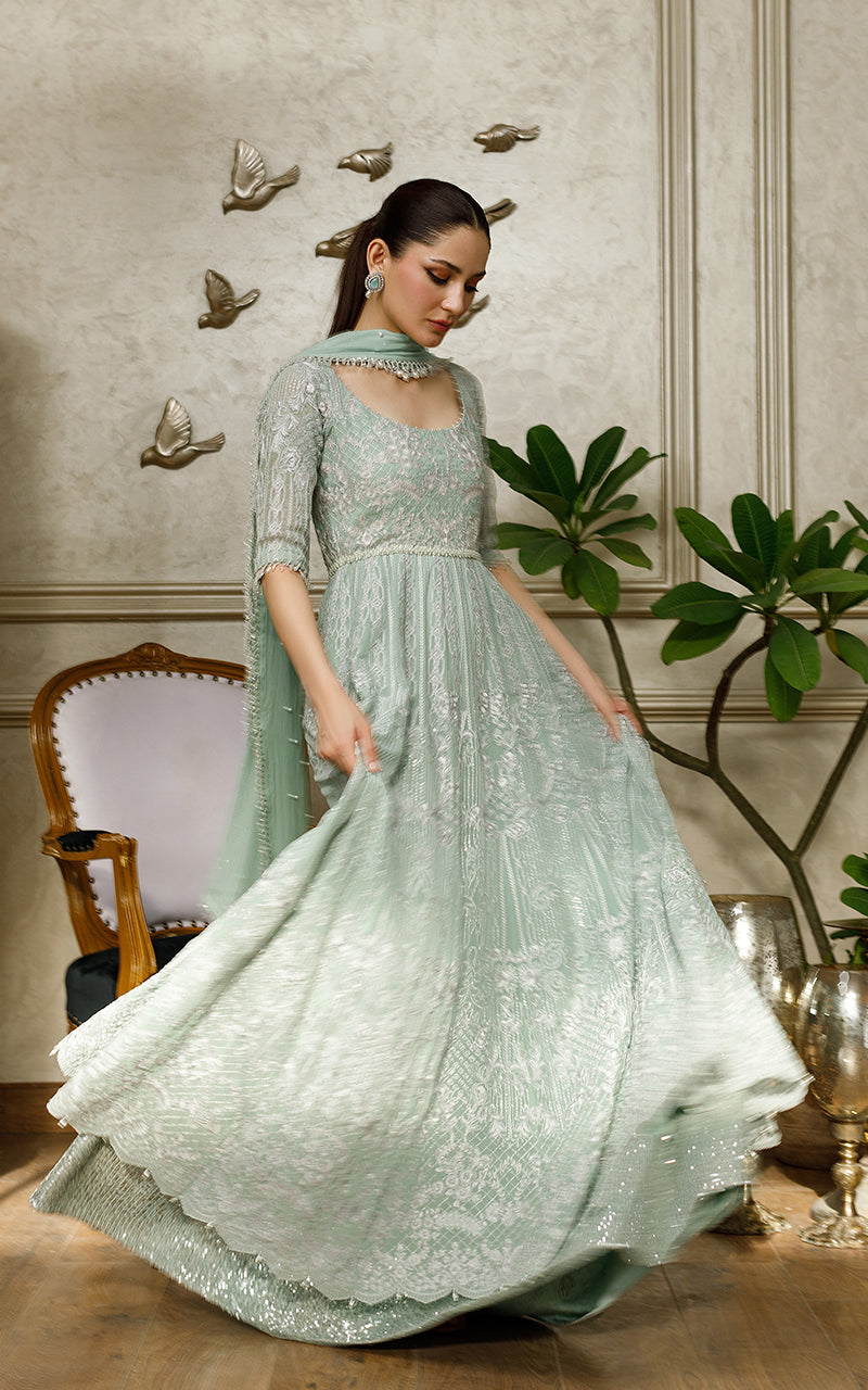 Pakistani Turquoise Embroidered Chiffon Maxi Dress (2-Piece) - Image 6