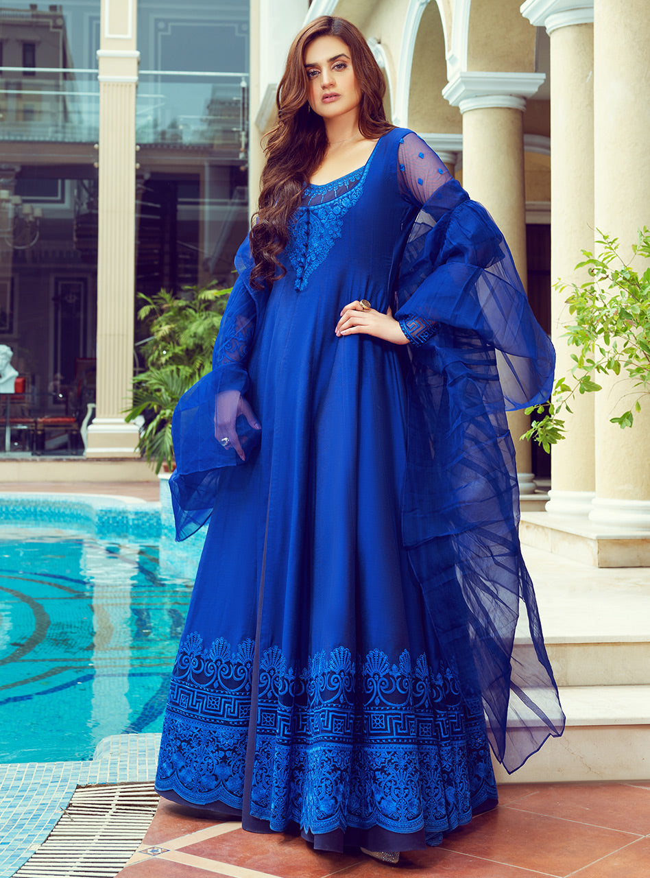 Cool Blue Embroidered Cotton Silk Front-Open Gown (2-Piece) - Image 1