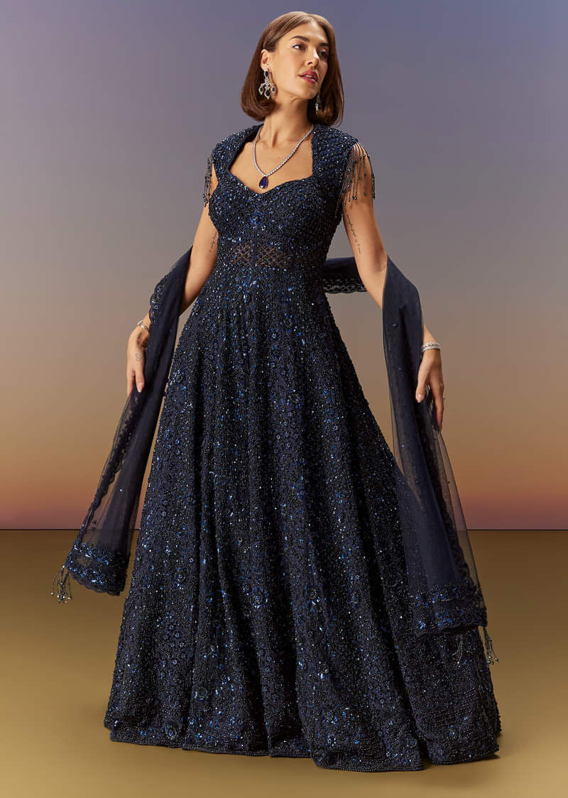 Midnight Blue Embroidered Fancy Fabric Gown (2-Piece) - Image 1