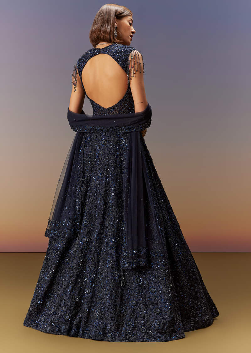 Midnight Blue Embroidered Fancy Fabric Gown (2-Piece) - Image 2