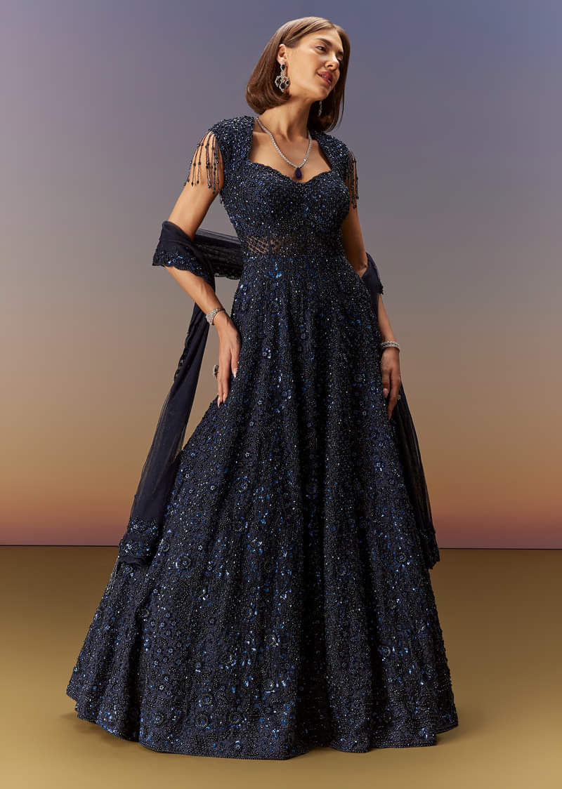 Midnight Blue Embroidered Fancy Fabric Gown (2-Piece) - Image 4