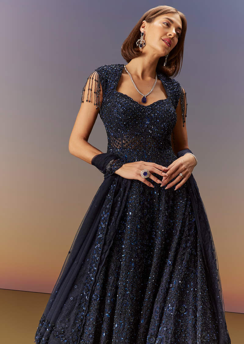 Midnight Blue Embroidered Fancy Fabric Gown (2-Piece) - Image 5