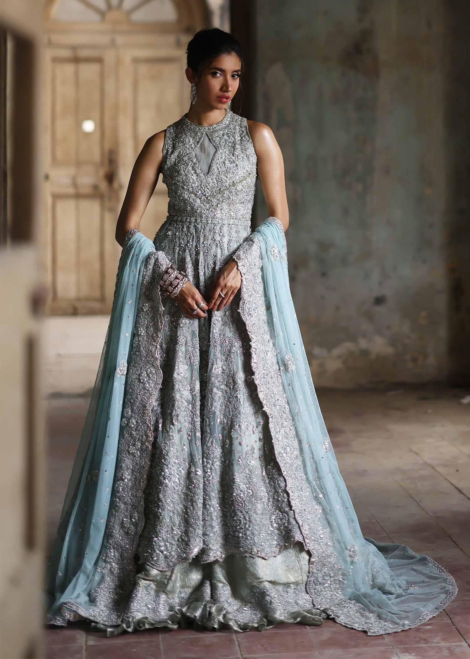 Glass Blue Embellished French Net Gown (3-Piece) - Image 1