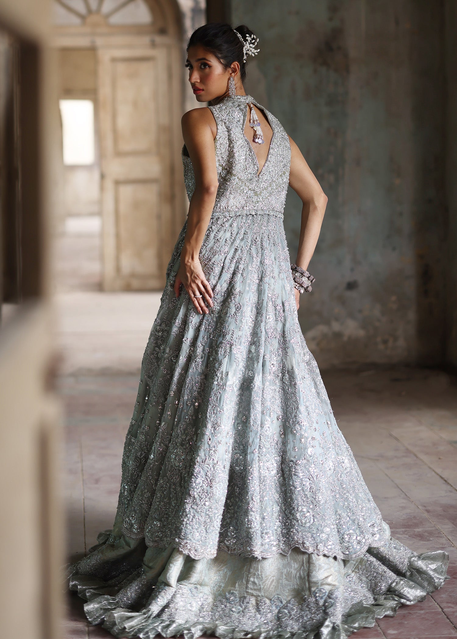 Glass Blue Embellished French Net Gown (3-Piece) - Image 3