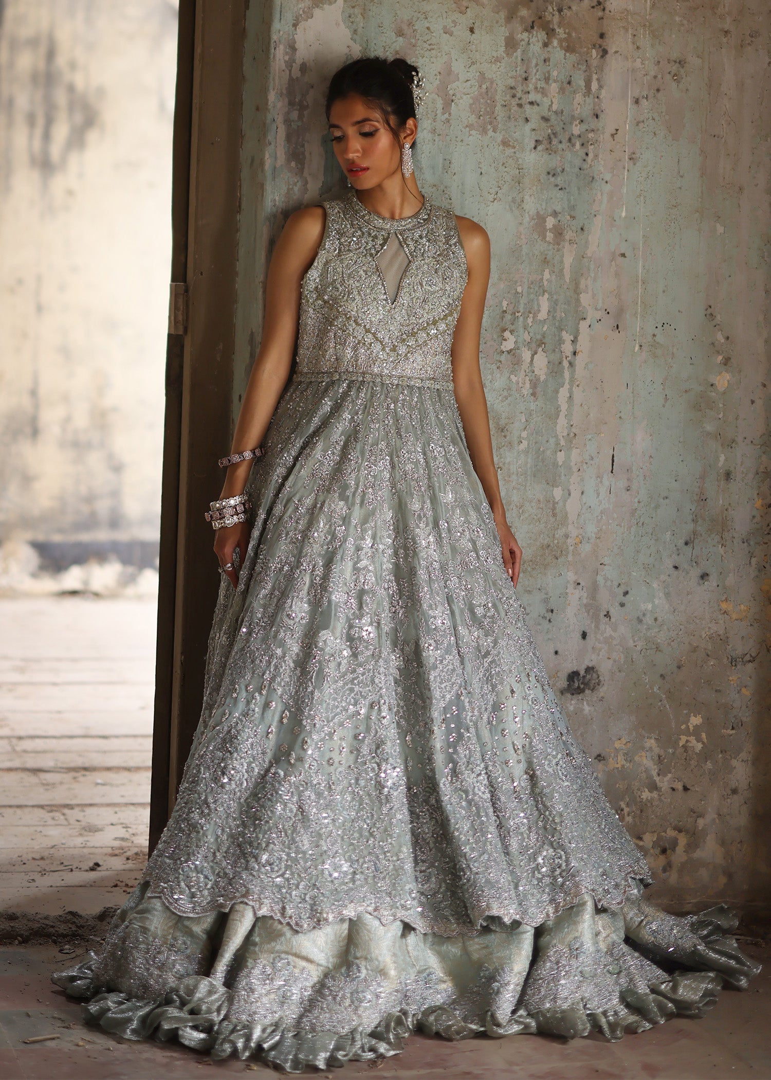 Glass Blue Embellished French Net Gown (3-Piece) - Image 4