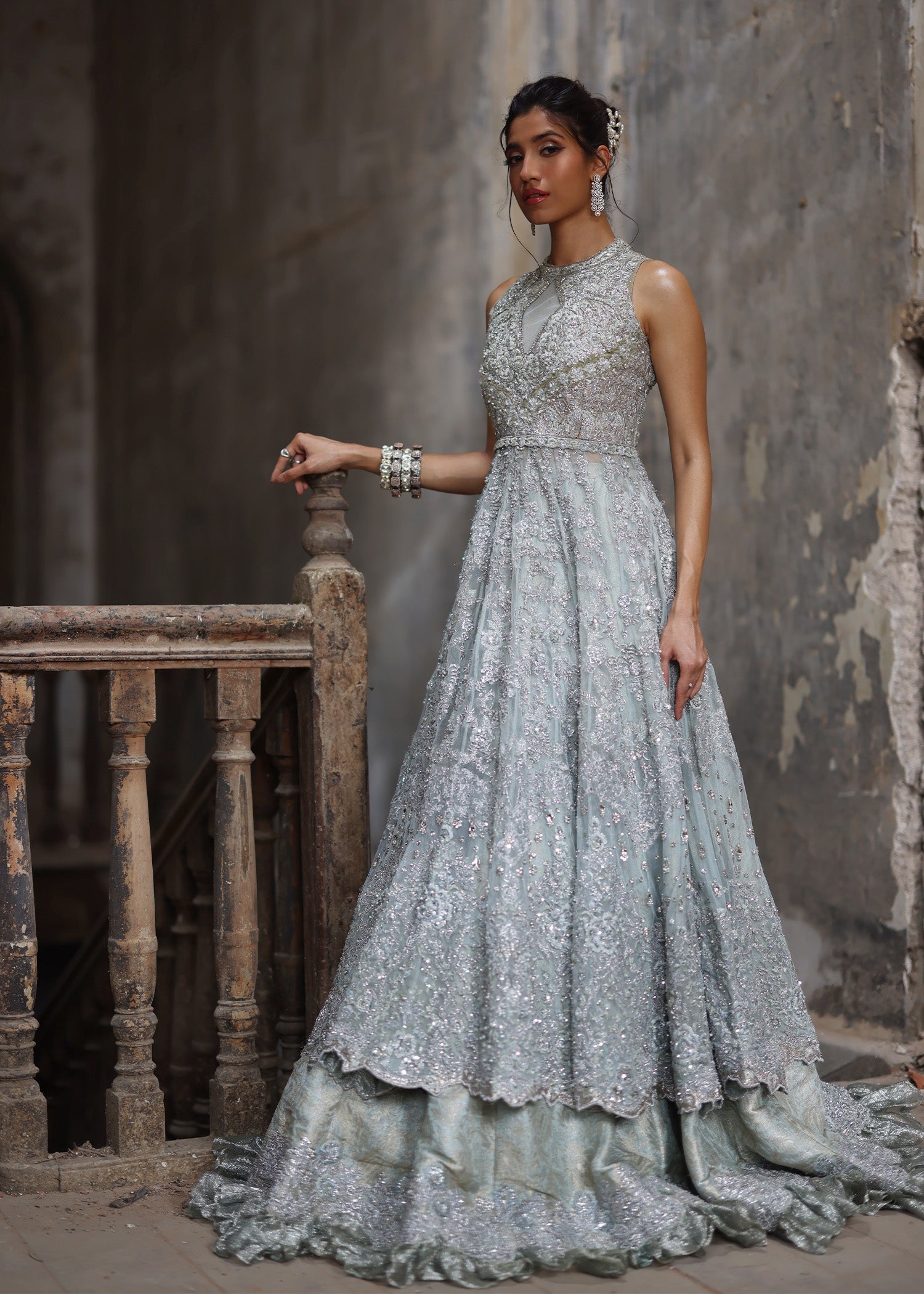 Glass Blue Embellished French Net Gown (3-Piece) - Image 9