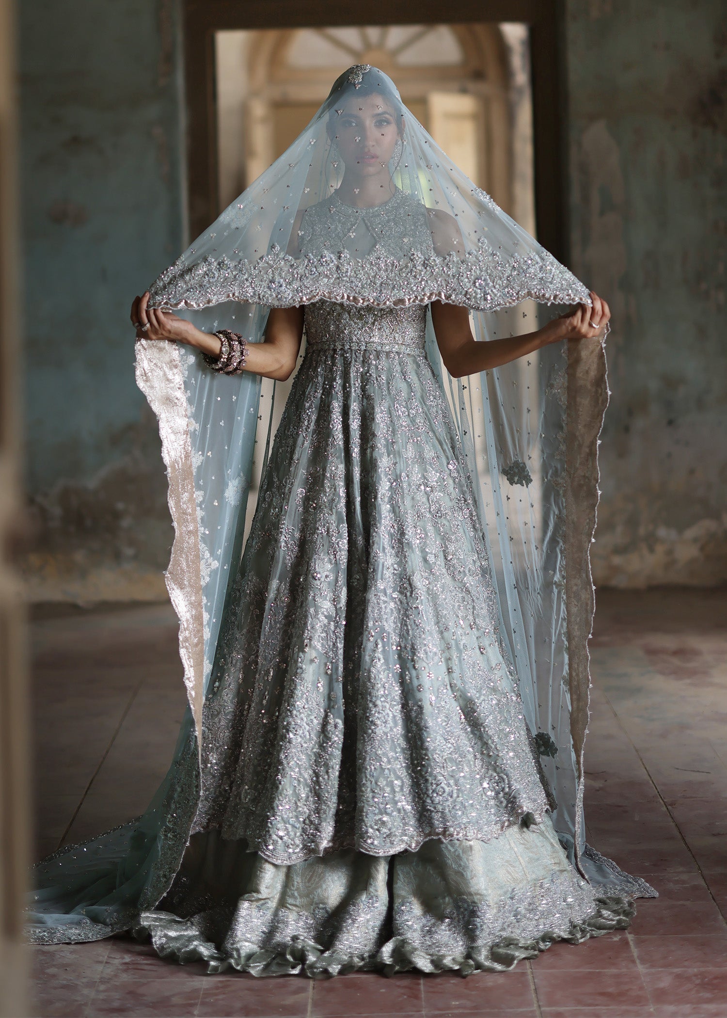 Glass Blue Embellished French Net Gown (3-Piece) - Image 10