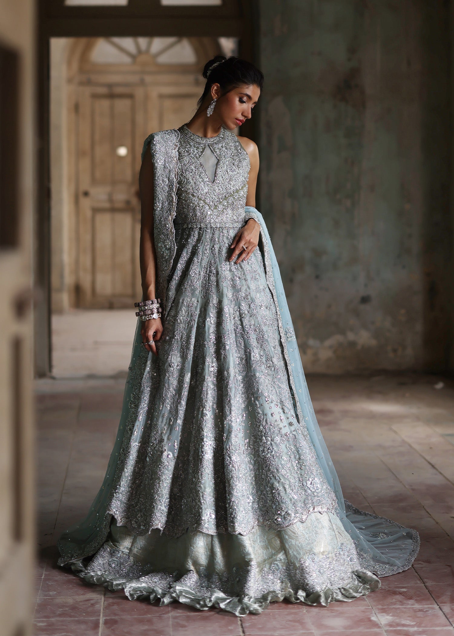 Glass Blue Embellished French Net Gown (3-Piece) - Image 2