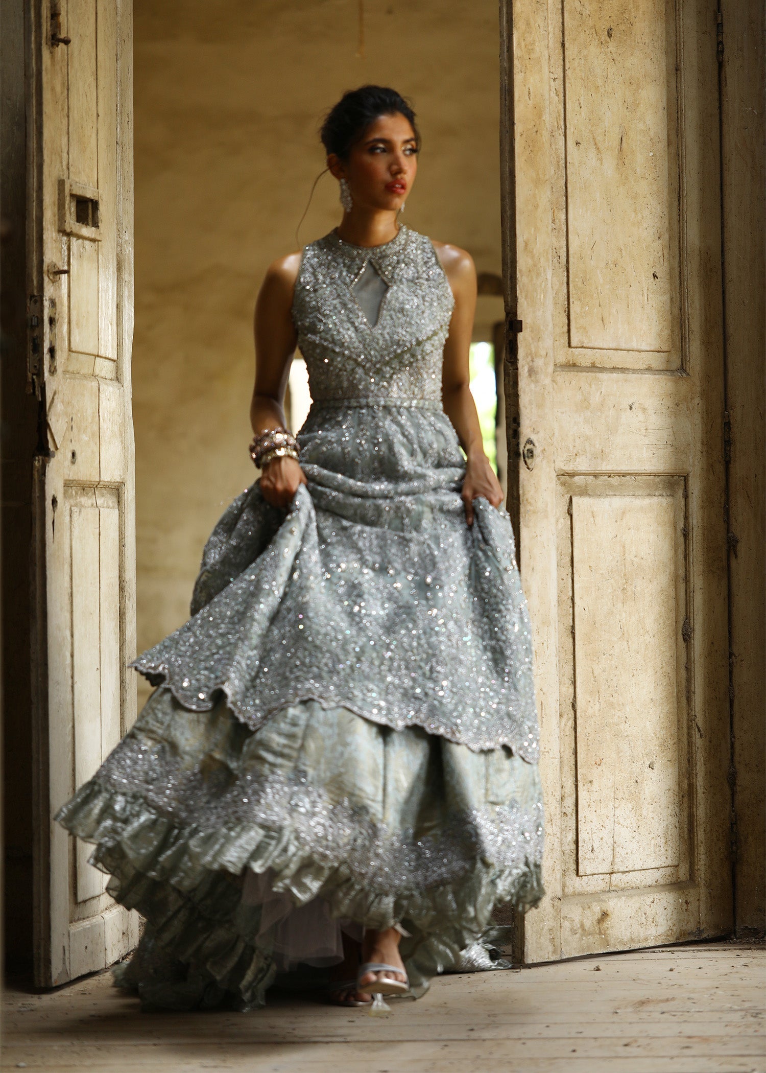Glass Blue Embellished French Net Gown (3-Piece) - Image 5