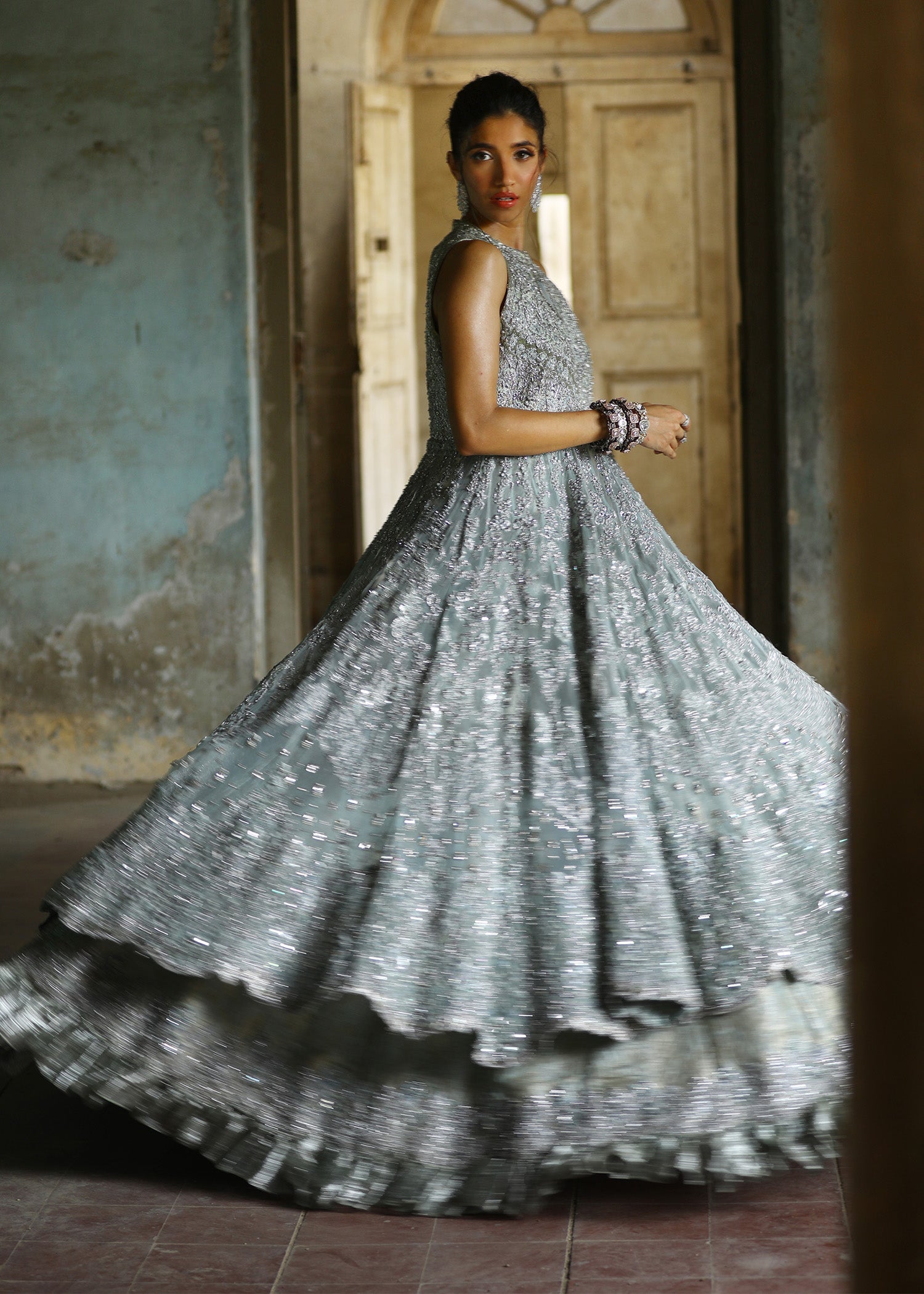 Glass Blue Embellished French Net Gown (3-Piece) - Image 7